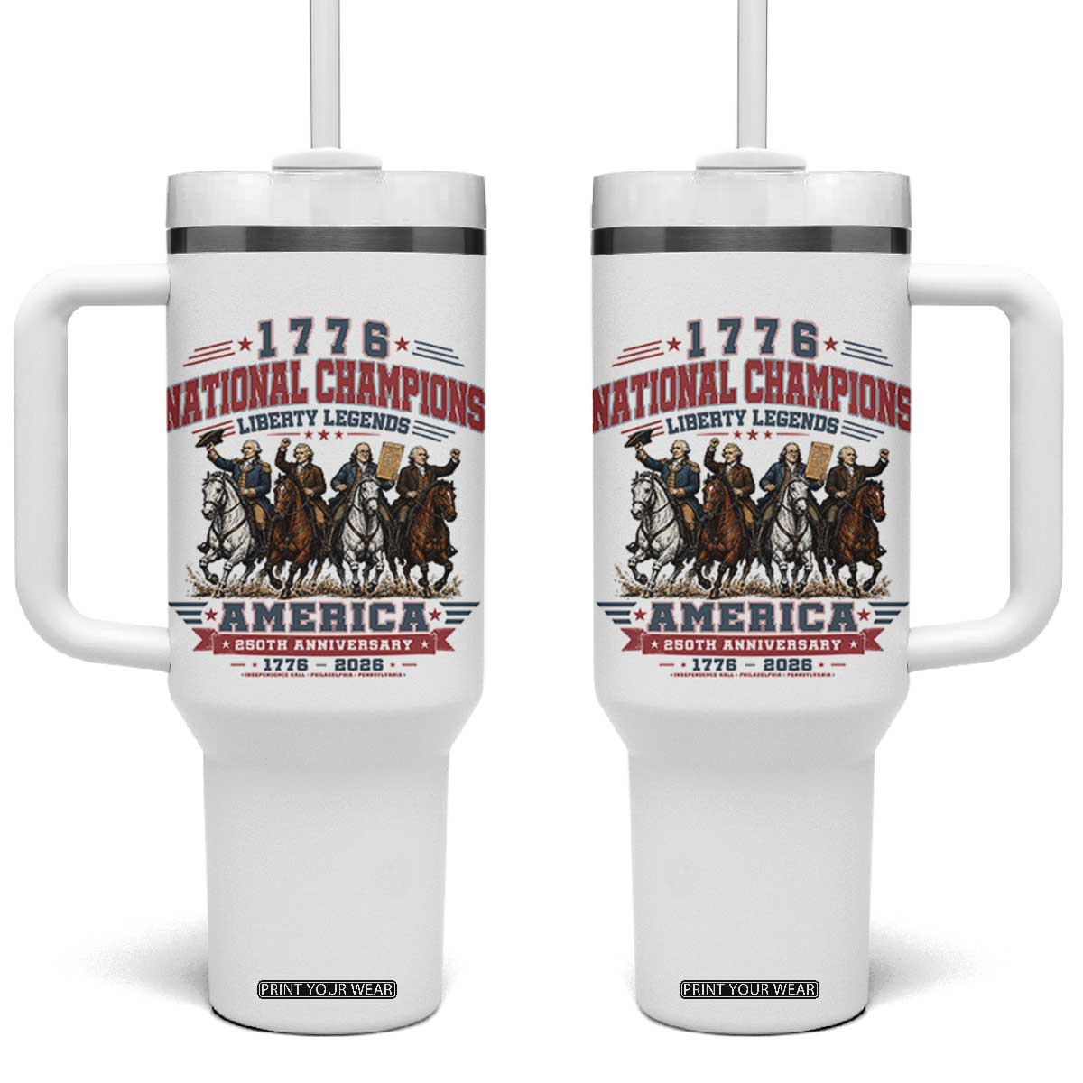 1776 National Champions Liberty Legends Vintage Tumbler With Handle Horseback Founding Fathers America 250th Anniversary