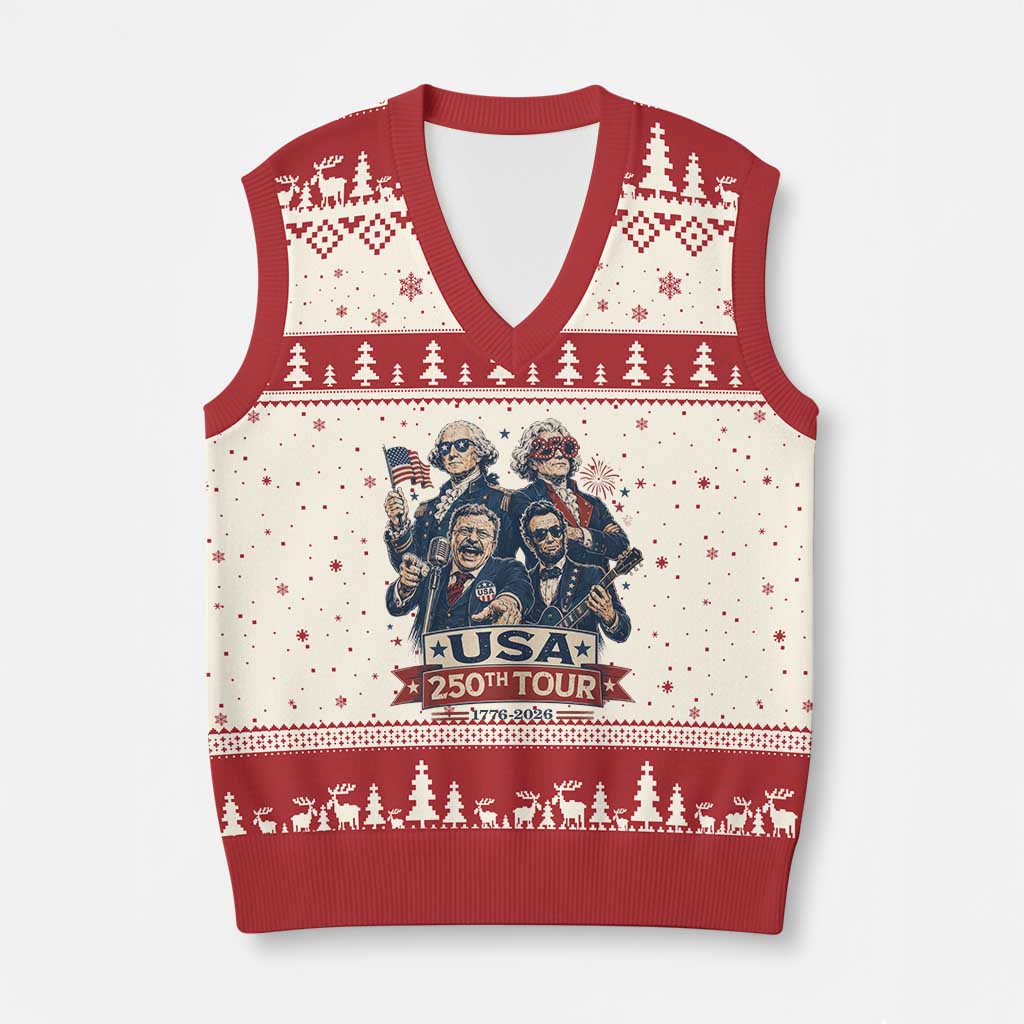 USA 250th Tour 2026 Founding Fathers Rock Concert V-Neck Knit Sweater Vest Funny Mount Rushmore Rock Stars Semiquincentennial