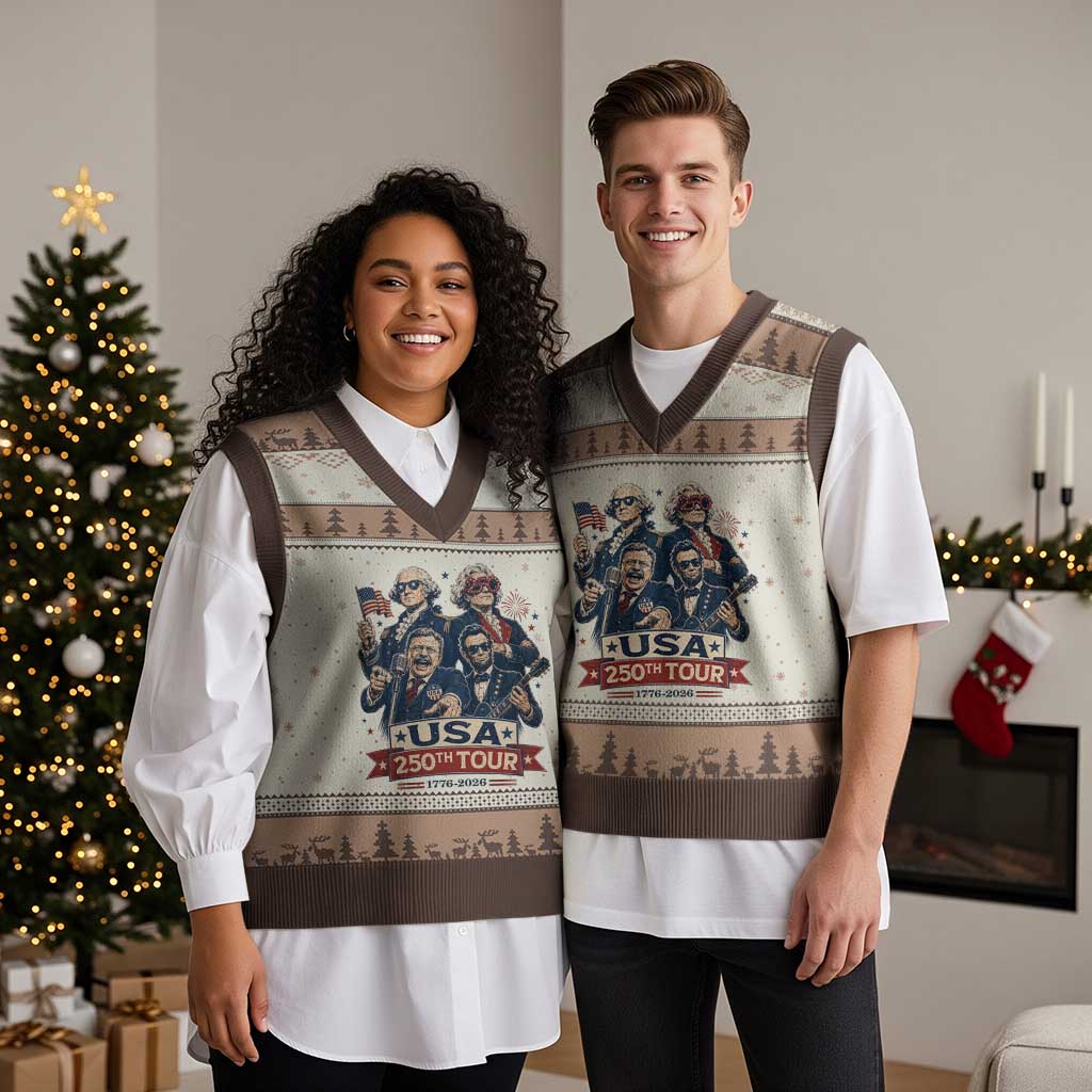 USA 250th Tour 2026 Founding Fathers Rock Concert V-Neck Knit Sweater Vest Funny Mount Rushmore Rock Stars Semiquincentennial