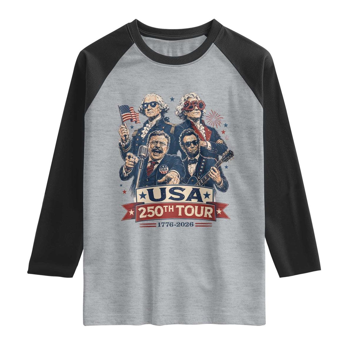 USA 250th Tour 2026 Founding Fathers Rock Concert Raglan Shirt Funny Mount Rushmore Rock Stars Semiquincentennial