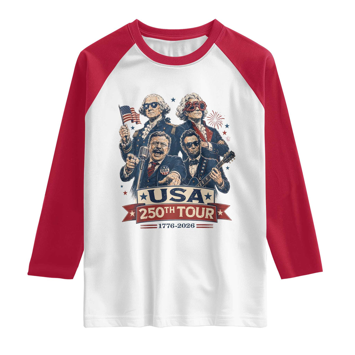 USA 250th Tour 2026 Founding Fathers Rock Concert Raglan Shirt Funny Mount Rushmore Rock Stars Semiquincentennial