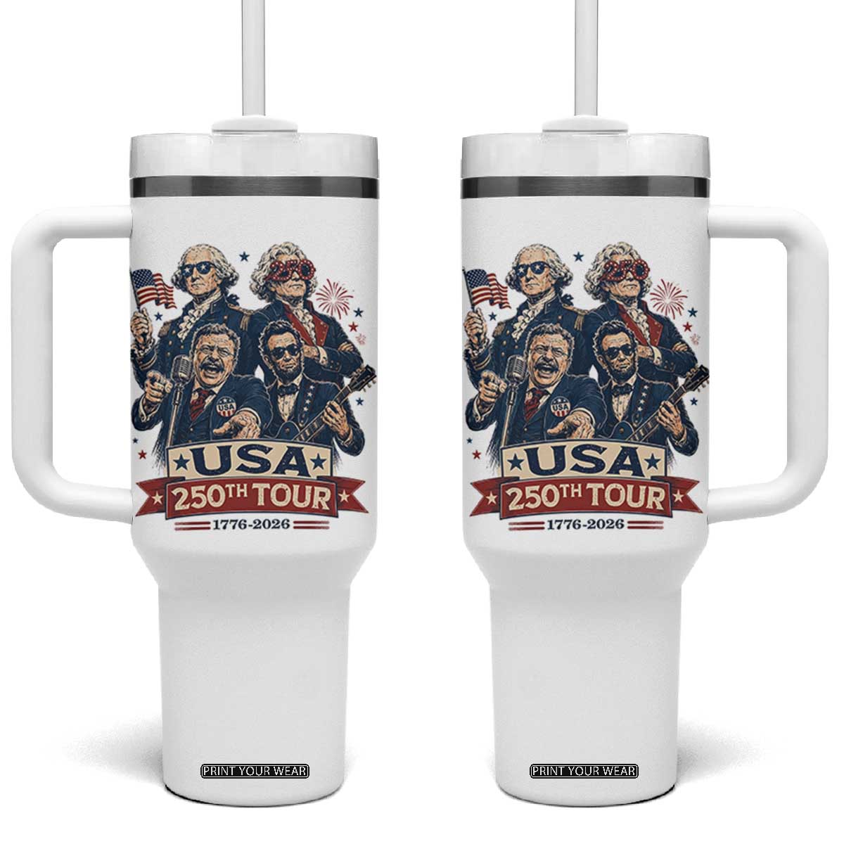 USA 250th Tour 2026 Founding Fathers Rock Concert Tumbler With Handle Funny Mount Rushmore Rock Stars Semiquincentennial