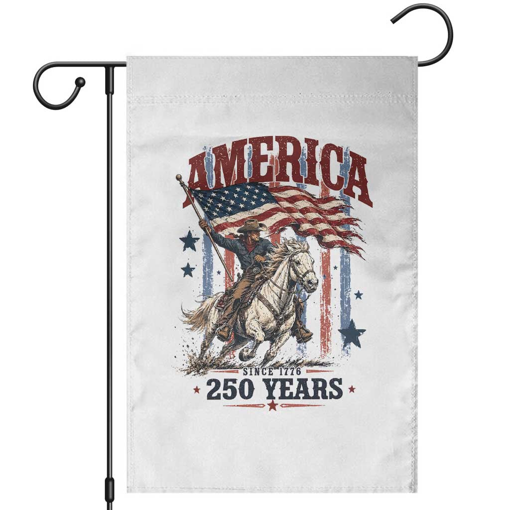 250 Years Since 1776 Cowboy on Horseback Garden Flag Vintage Patriotic Western Style American Flag Semiquincentennial TS02 White Print Your Wear