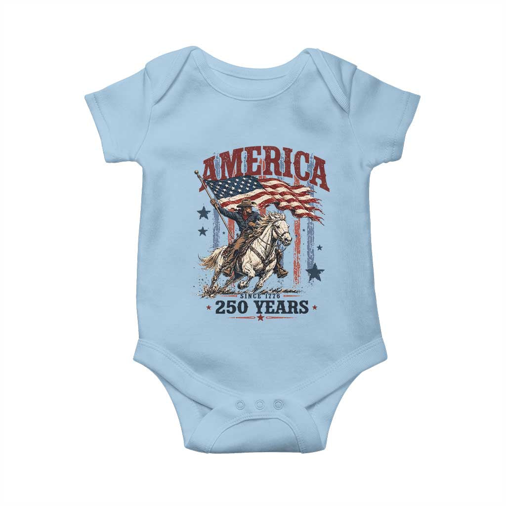 250 Years Since 1776 Cowboy on Horseback Baby Onesie Vintage Patriotic Western Style American Flag Semiquincentennial
