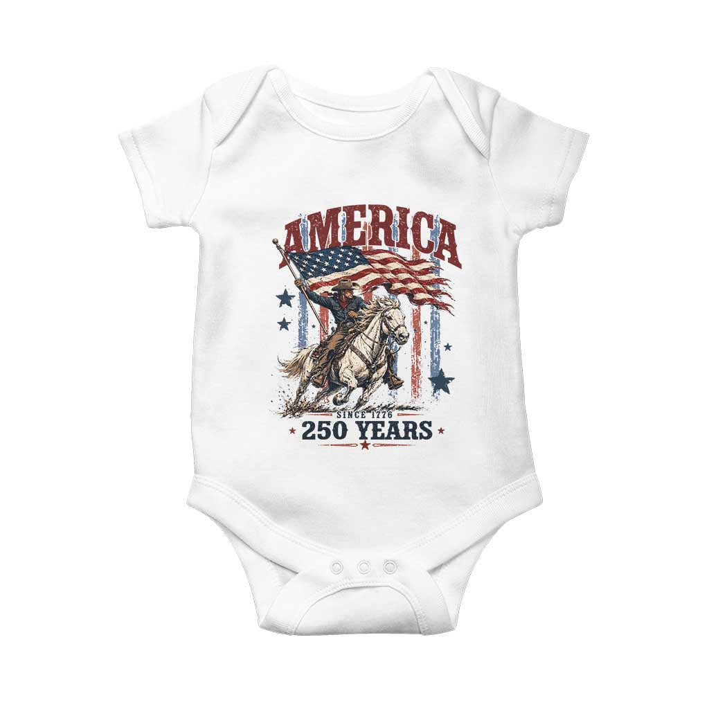250 Years Since 1776 Cowboy on Horseback Baby Onesie Vintage Patriotic Western Style American Flag Semiquincentennial
