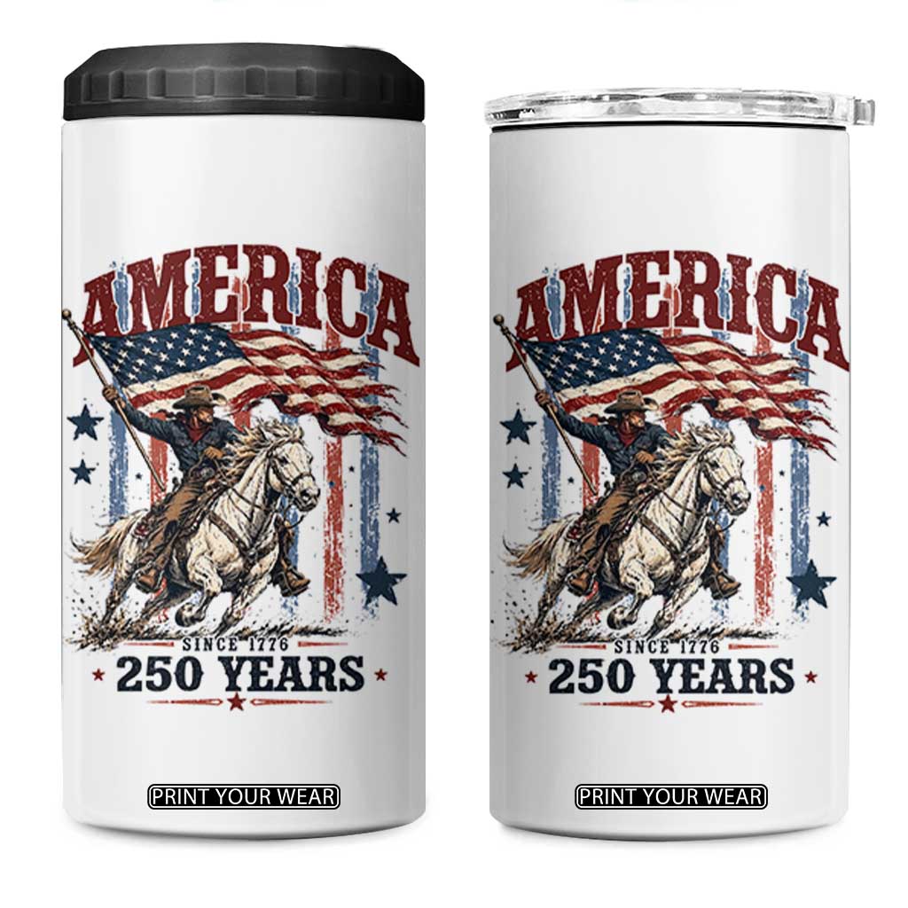 250 Years Since 1776 Cowboy on Horseback 4 in 1 Can Cooler Tumbler Vintage Patriotic Western Style American Flag Semiquincentennial