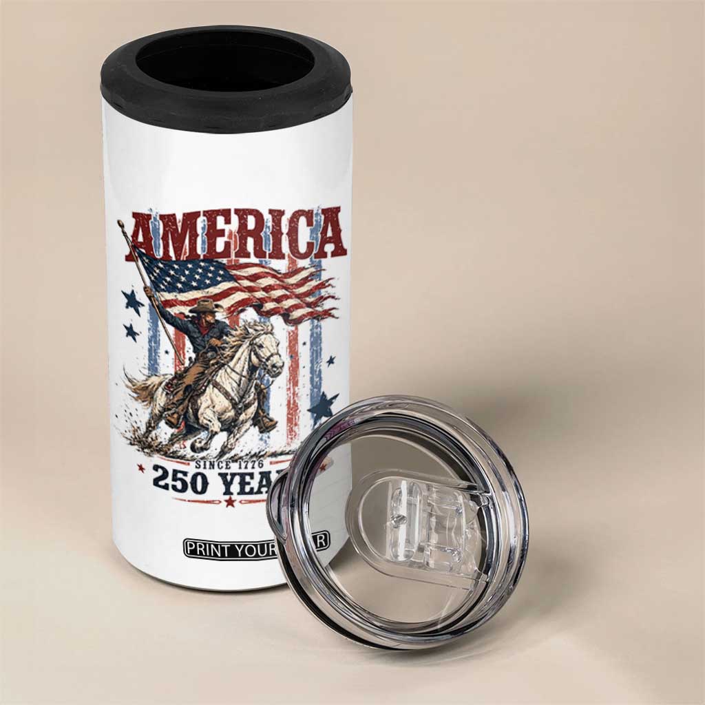 250 Years Since 1776 Cowboy on Horseback 4 in 1 Can Cooler Tumbler Vintage Patriotic Western Style American Flag Semiquincentennial