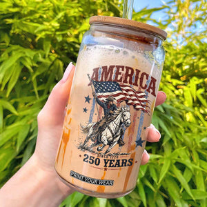 250 Years Since 1776 Cowboy on Horseback Glass Can Vintage Patriotic Western Style American Flag Semiquincentennial