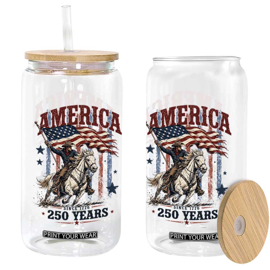 250 Years Since 1776 Cowboy on Horseback Glass Can Vintage Patriotic Western Style American Flag Semiquincentennial