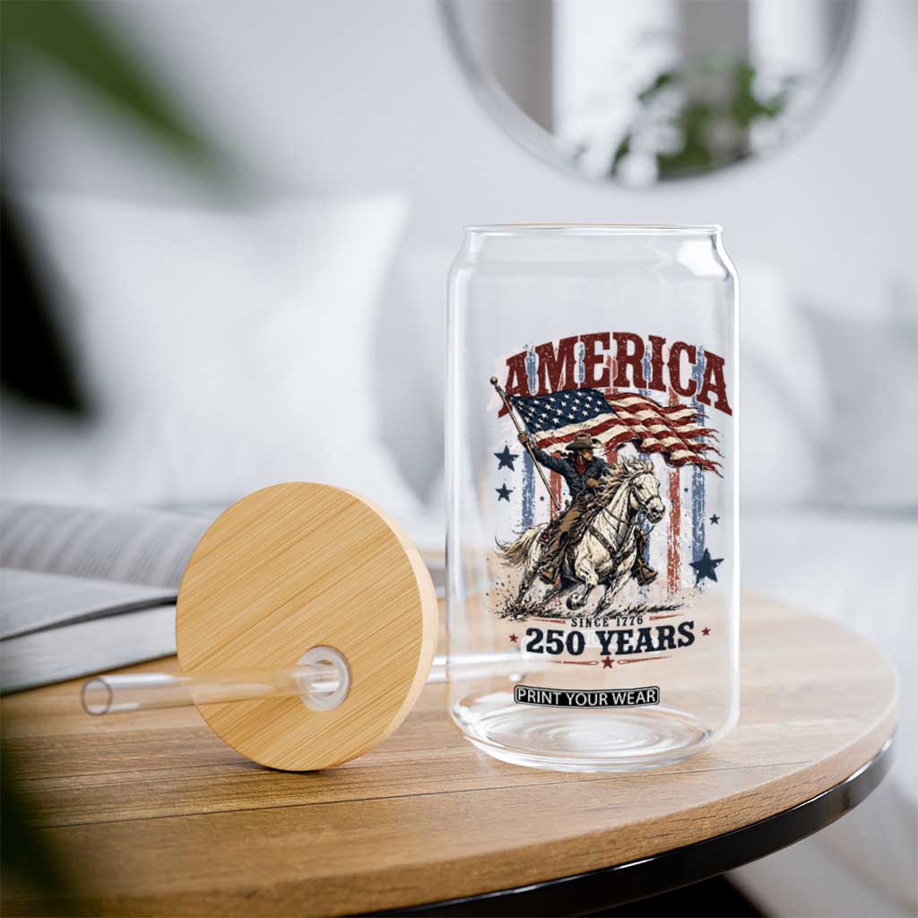 250 Years Since 1776 Cowboy on Horseback Glass Can Vintage Patriotic Western Style American Flag Semiquincentennial