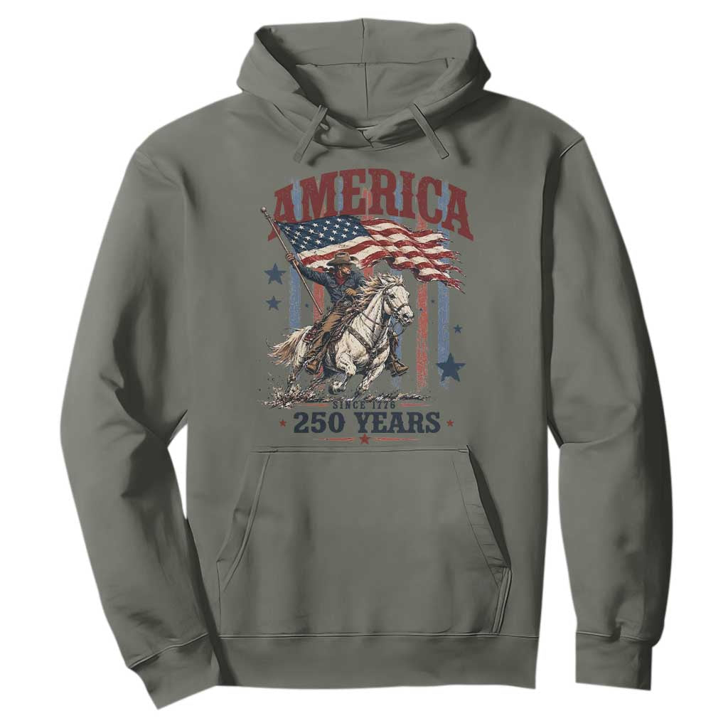 250 Years Since 1776 Cowboy on Horseback Hoodie Vintage Patriotic Western Style American Flag Semiquincentennial