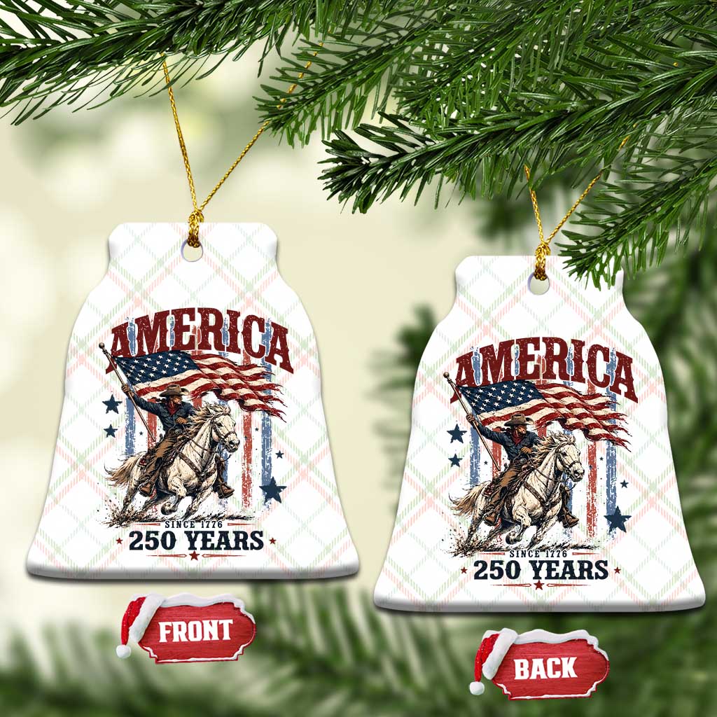 250 Years Since 1776 Cowboy on Horseback Ceramic Ornament Vintage Patriotic Western Style American Flag Semiquincentennial
