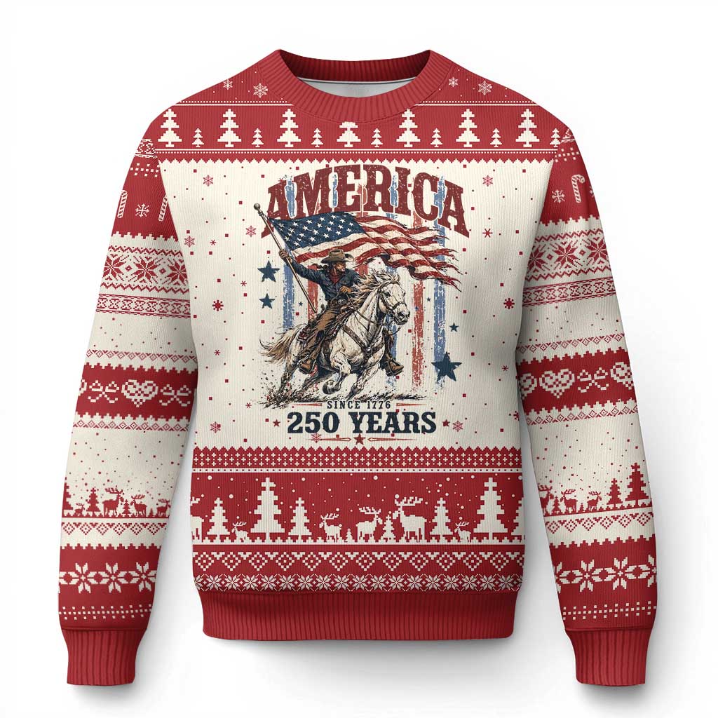 250 Years Since 1776 Cowboy on Horseback Ugly Christmas Sweater Vintage Patriotic Western Style American Flag Semiquincentennial TS02 Beige Red Print Your Wear
