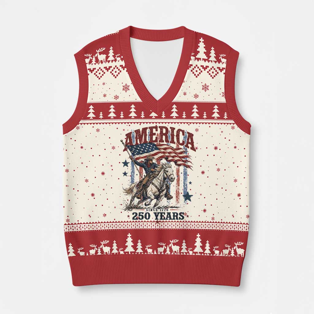 250 Years Since 1776 Cowboy on Horseback V-Neck Knit Sweater Vest Vintage Patriotic Western Style American Flag Semiquincentennial TS02 Beige Red Print Your Wear