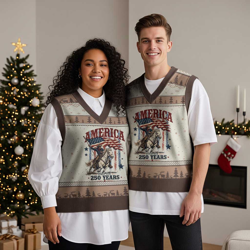 250 Years Since 1776 Cowboy on Horseback V-Neck Knit Sweater Vest Vintage Patriotic Western Style American Flag Semiquincentennial