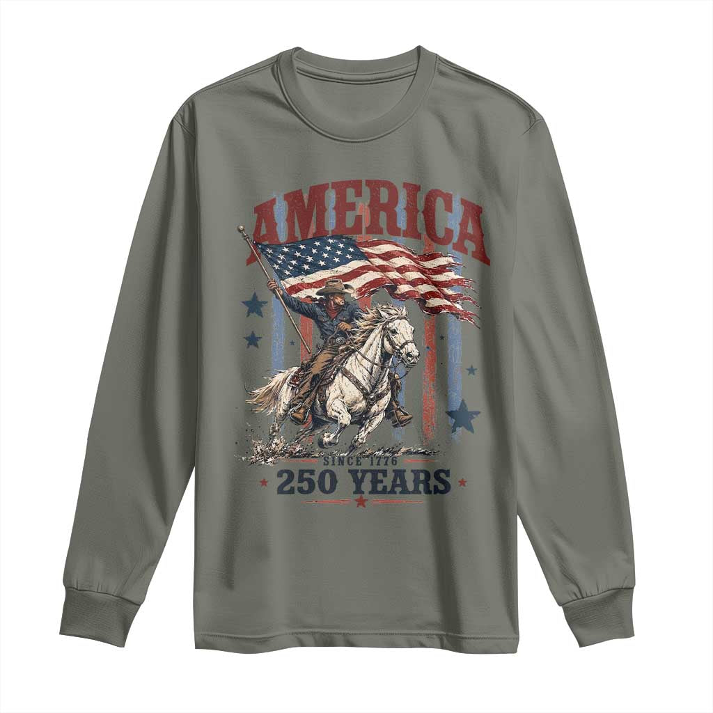250 Years Since 1776 Cowboy on Horseback Long Sleeve Shirt Vintage Patriotic Western Style American Flag Semiquincentennial