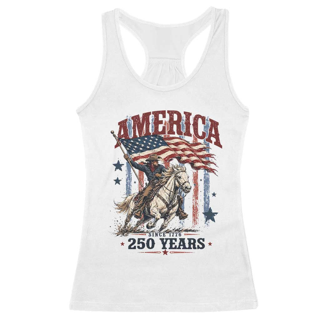 250 Years Since 1776 Cowboy on Horseback Racerback Tank Top Vintage Patriotic Western Style American Flag Semiquincentennial
