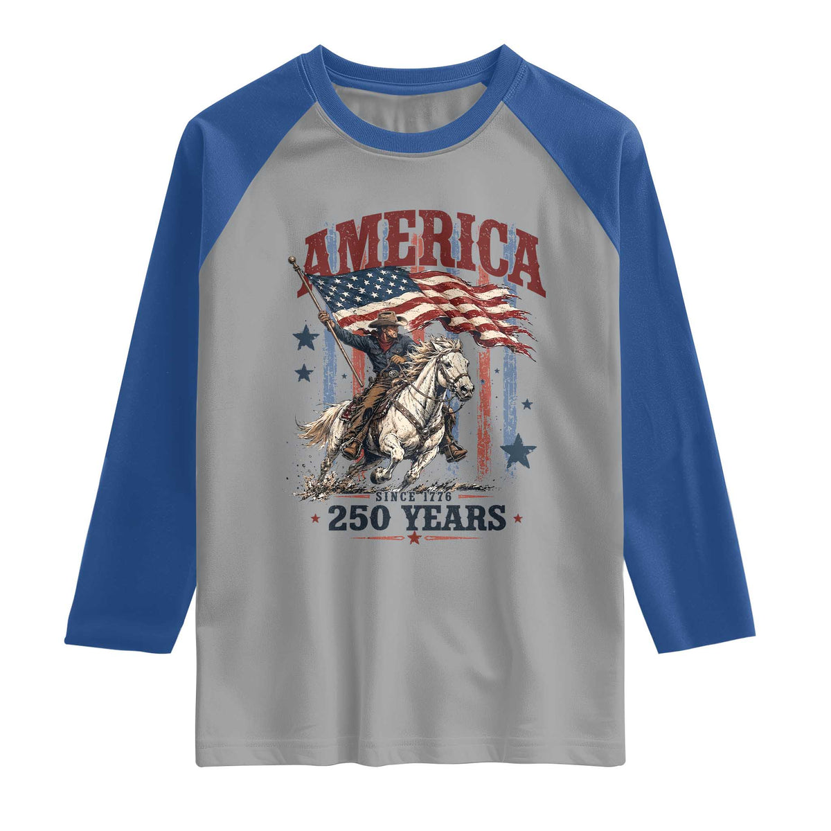 250 Years Since 1776 Cowboy on Horseback Raglan Shirt Vintage Patriotic Western Style American Flag Semiquincentennial
