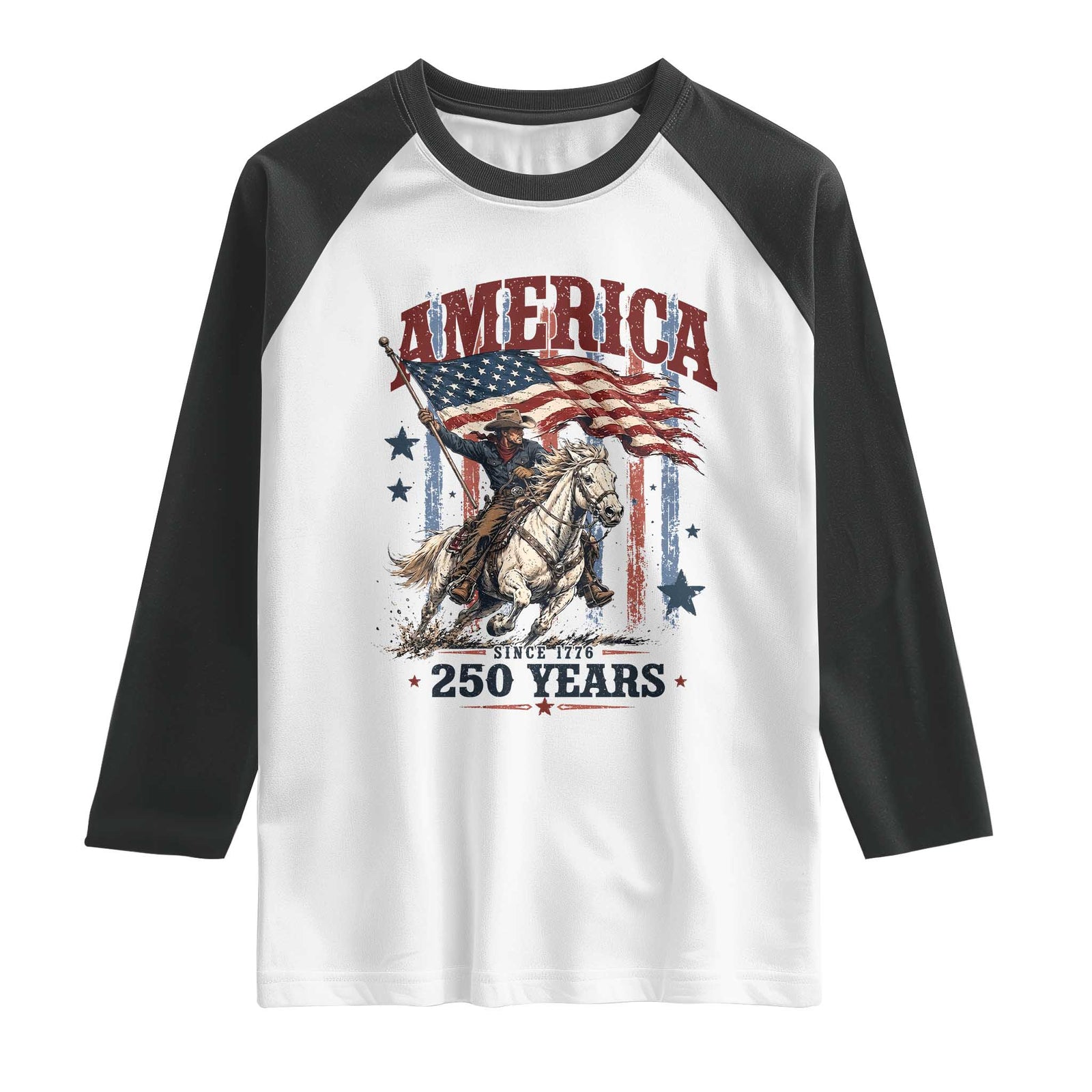 250 Years Since 1776 Cowboy on Horseback Raglan Shirt Vintage Patriotic Western Style American Flag Semiquincentennial TS02 White Black Print Your Wear