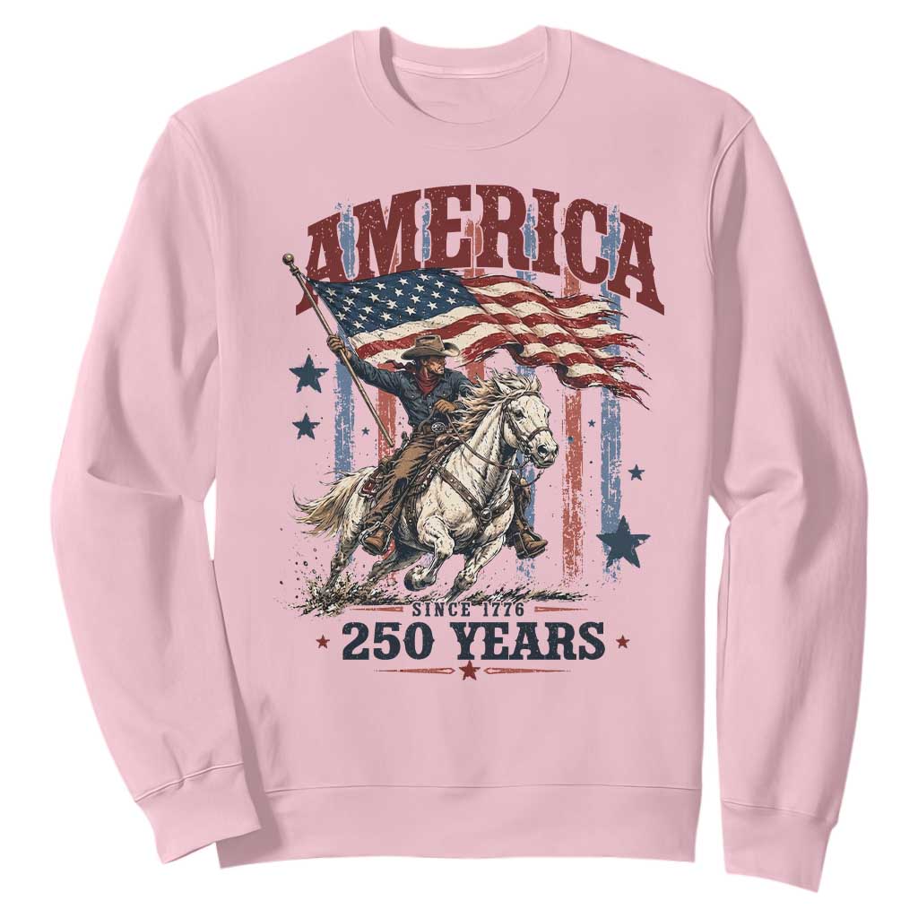 250 Years Since 1776 Cowboy on Horseback Sweatshirt Vintage Patriotic Western Style American Flag Semiquincentennial