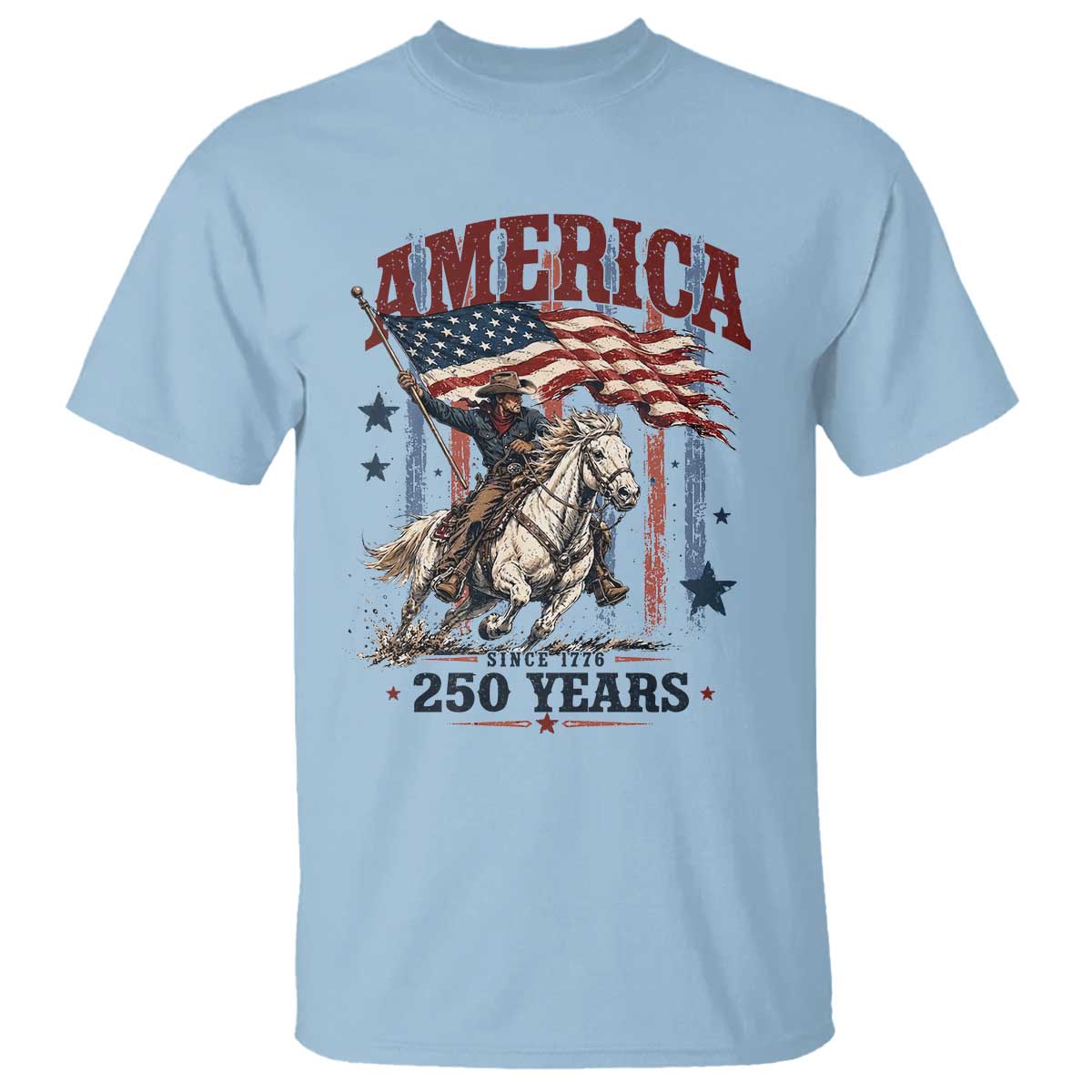 250 Years Since 1776 Cowboy on Horseback T Shirt Vintage Patriotic Western Style American Flag Semiquincentennial