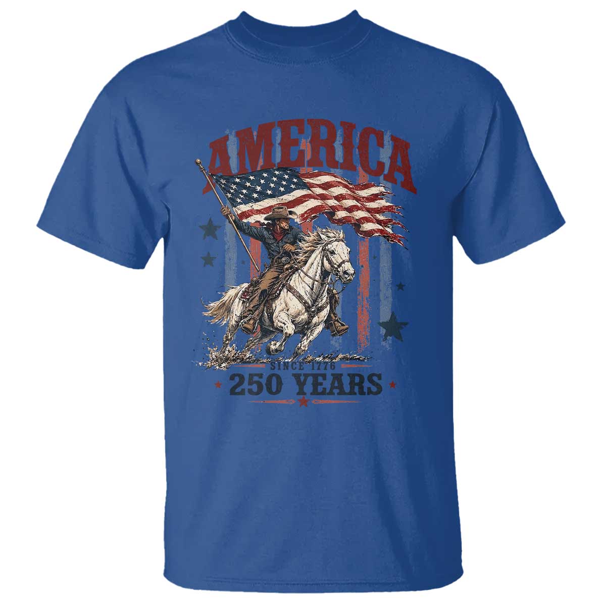 250 Years Since 1776 Cowboy on Horseback T Shirt Vintage Patriotic Western Style American Flag Semiquincentennial