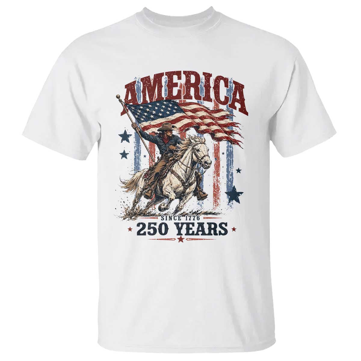 250 Years Since 1776 Cowboy on Horseback T Shirt Vintage Patriotic Western Style American Flag Semiquincentennial