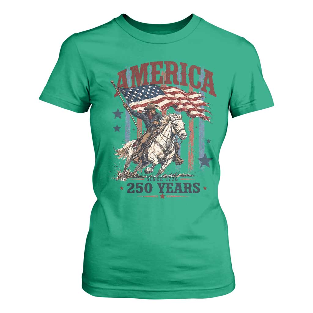 250 Years Since 1776 Cowboy on Horseback T Shirt For Women Vintage Patriotic Western Style American Flag Semiquincentennial