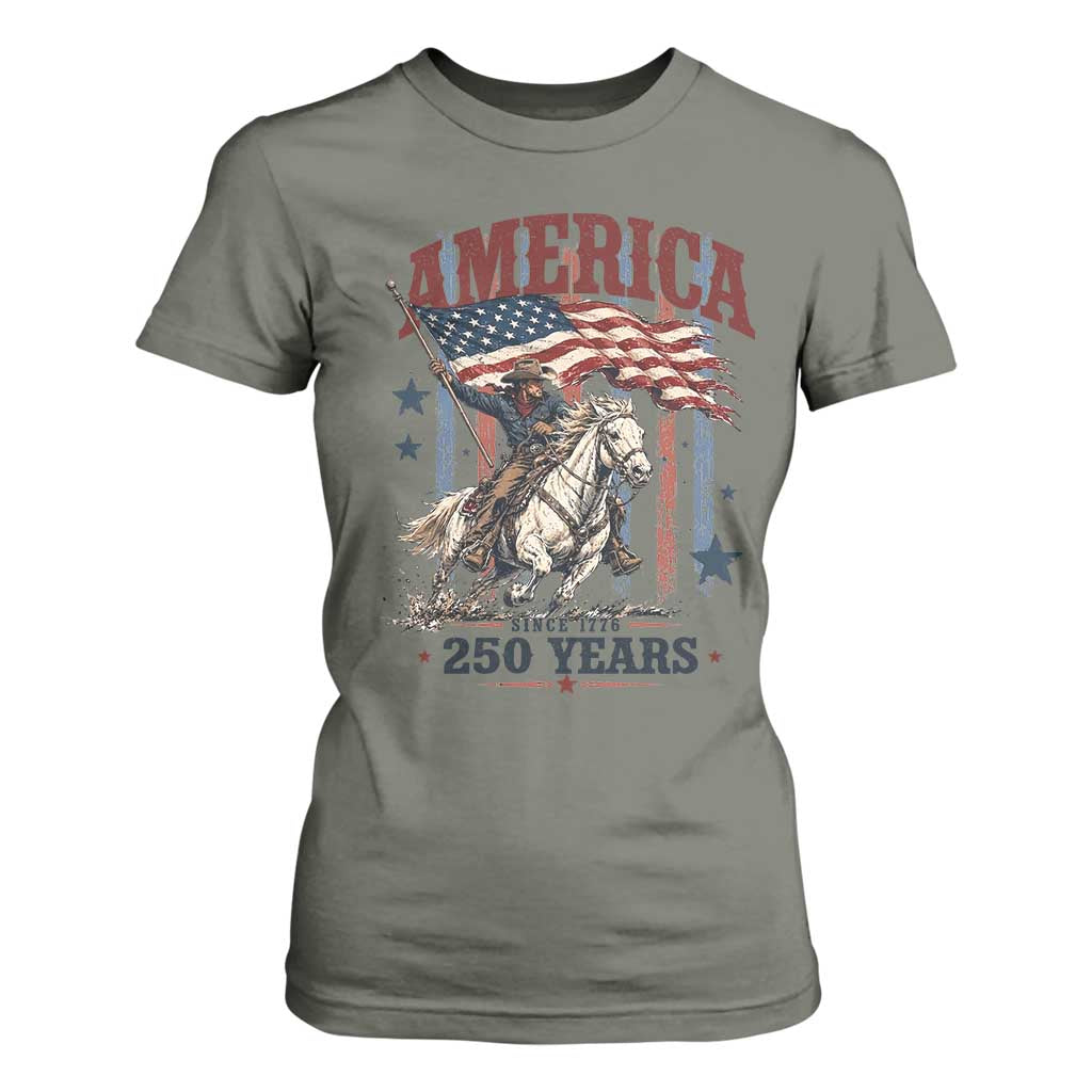 250 Years Since 1776 Cowboy on Horseback T Shirt For Women Vintage Patriotic Western Style American Flag Semiquincentennial