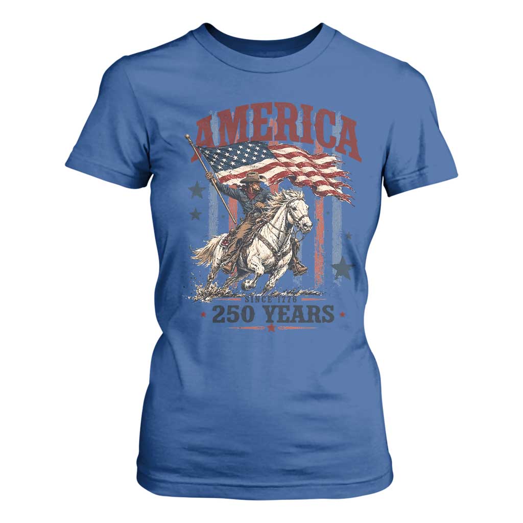 250 Years Since 1776 Cowboy on Horseback T Shirt For Women Vintage Patriotic Western Style American Flag Semiquincentennial