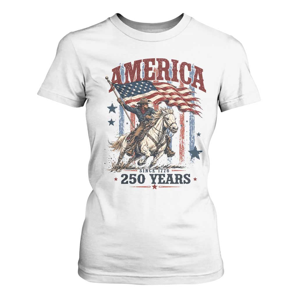 250 Years Since 1776 Cowboy on Horseback T Shirt For Women Vintage Patriotic Western Style American Flag Semiquincentennial