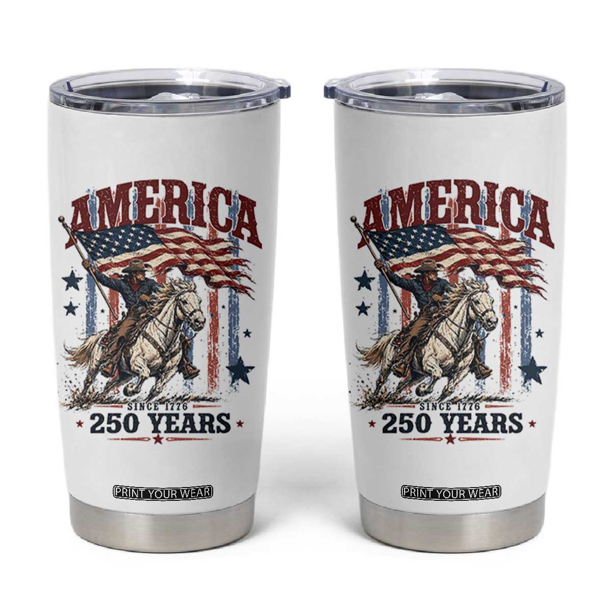 250 Years Since 1776 Cowboy on Horseback Tumbler Cup Vintage Patriotic Western Style American Flag Semiquincentennial