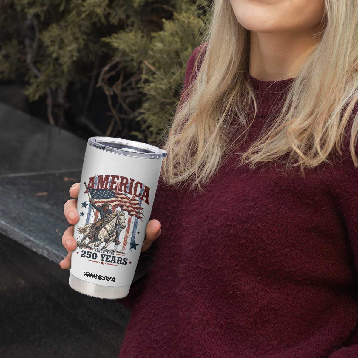 250 Years Since 1776 Cowboy on Horseback Tumbler Cup Vintage Patriotic Western Style American Flag Semiquincentennial