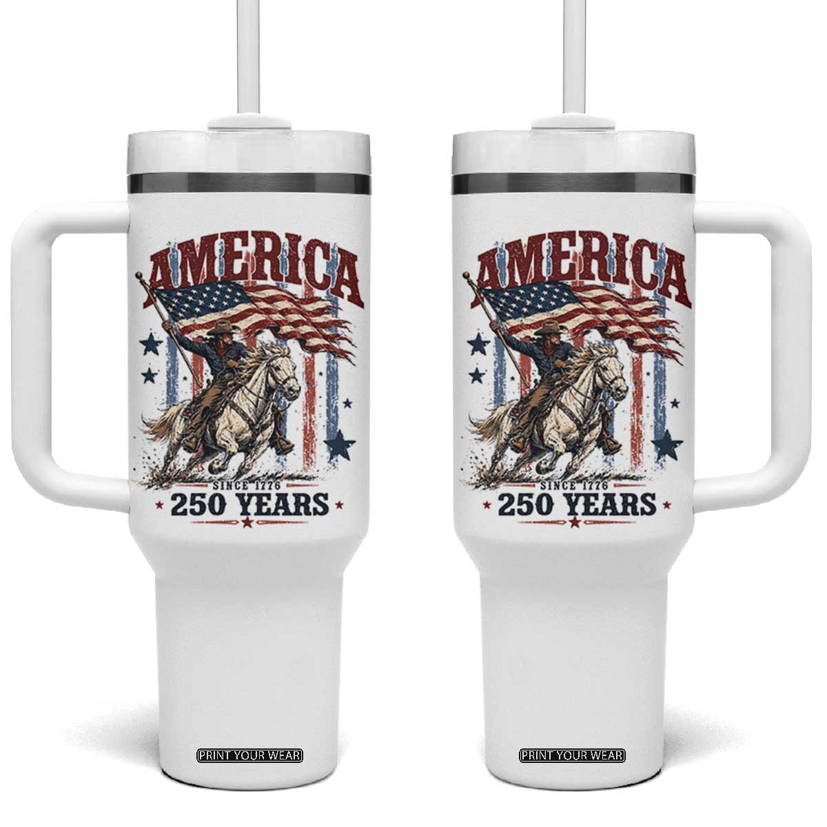 250 Years Since 1776 Cowboy on Horseback Tumbler With Handle Vintage Patriotic Western Style American Flag Semiquincentennial