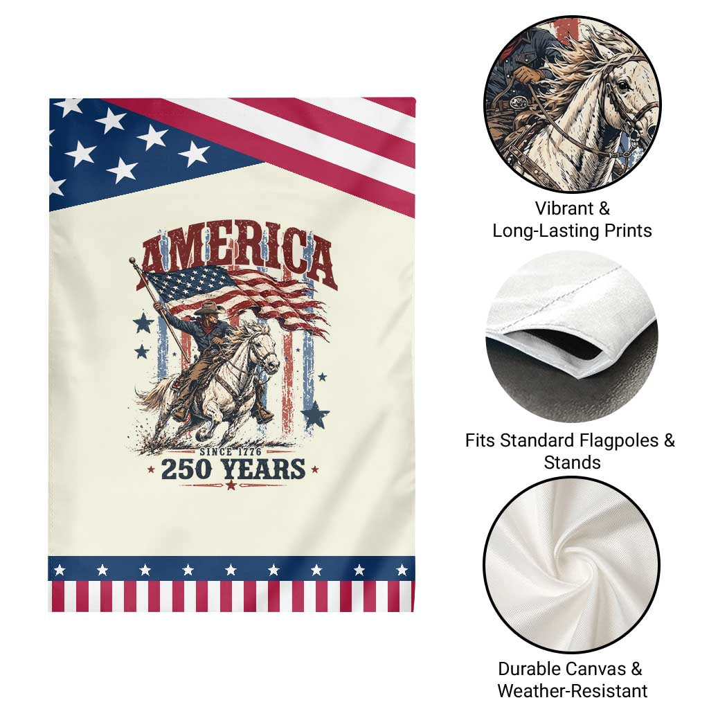 250 Years Since 1776 Cowboy on Horseback Patriotic Garden Flag Vintage Western Style American Flag Semiquincentennial