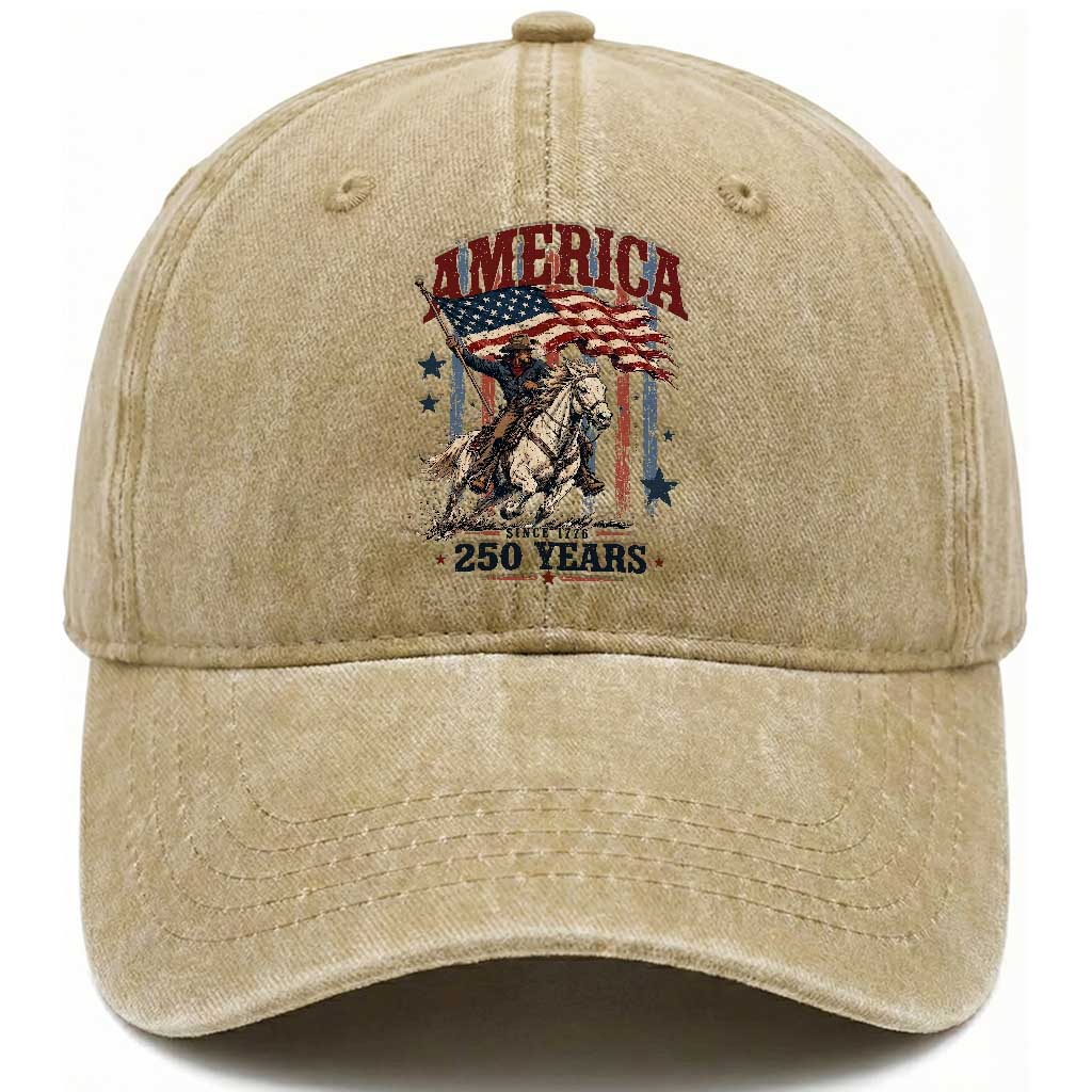 250 Years Since 1776 Cowboy on Horseback Washed Cotton Baseball Cap Vintage Patriotic Western Style American Flag Semiquincentennial