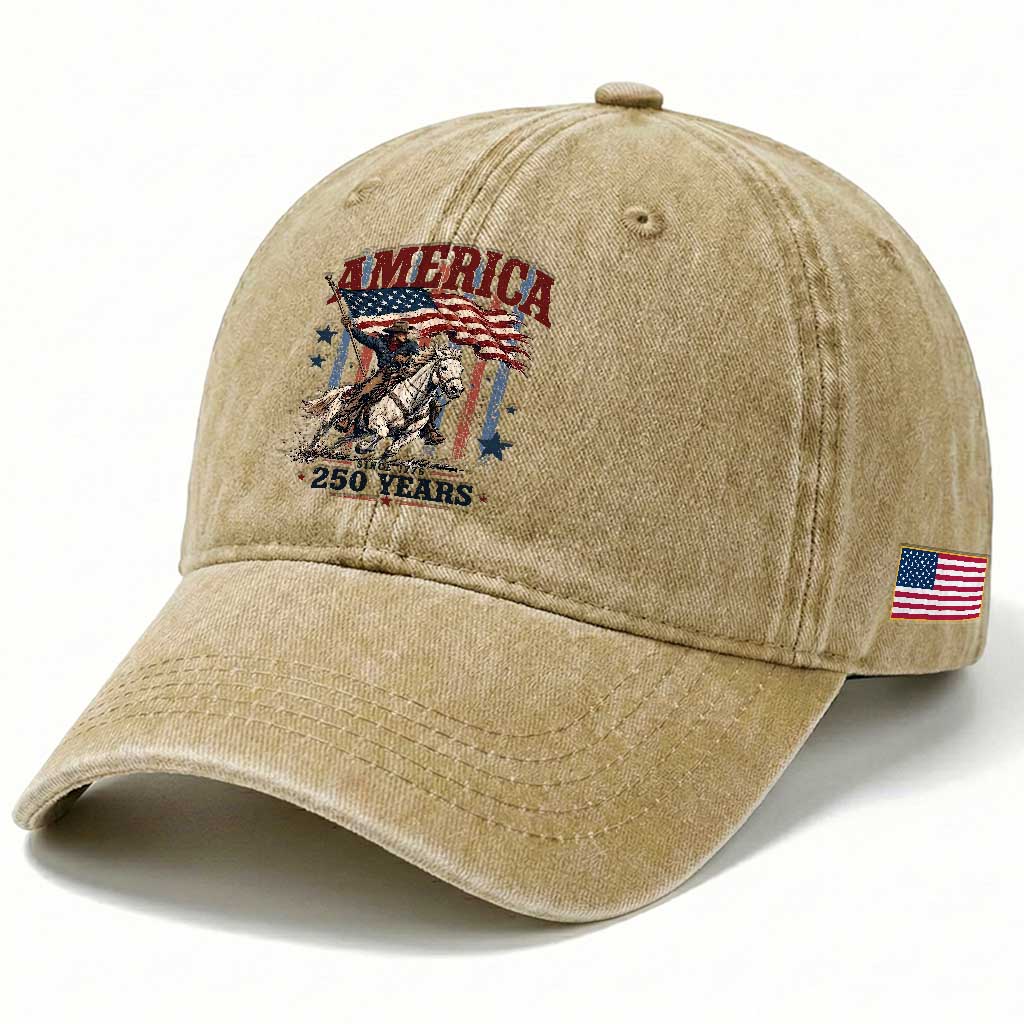 250 Years Since 1776 Cowboy on Horseback Washed Cotton Baseball Cap Vintage Patriotic Western Style American Flag Semiquincentennial