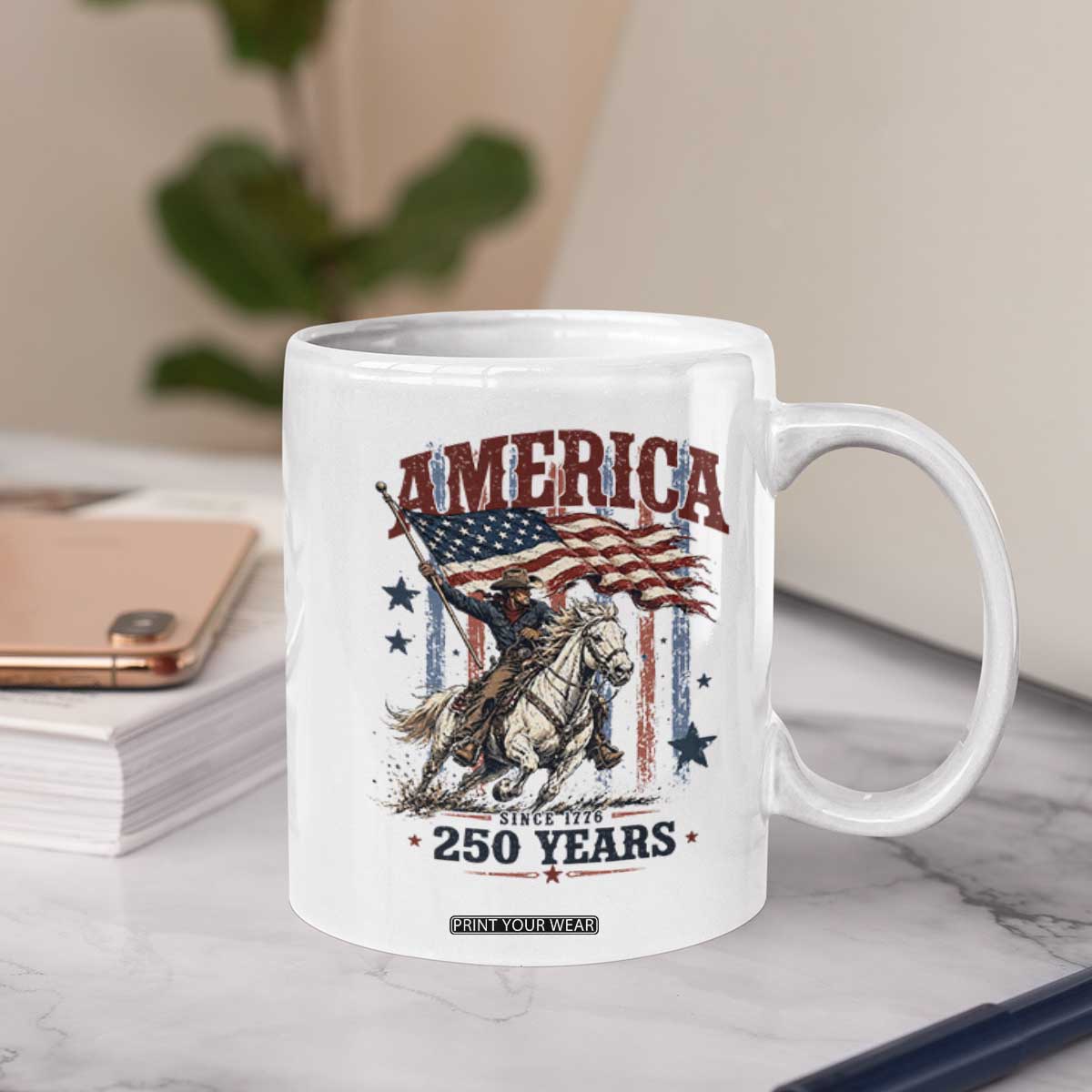 250 Years Since 1776 Cowboy on Horseback Coffee Mug Vintage Patriotic Western Style American Flag Semiquincentennial