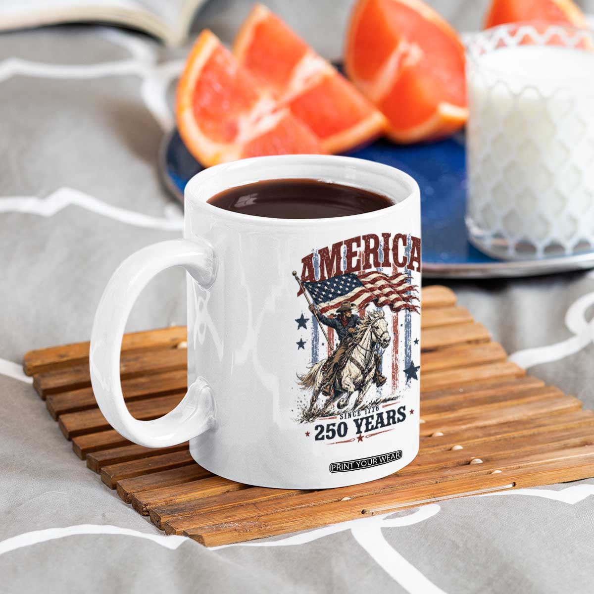 250 Years Since 1776 Cowboy on Horseback Coffee Mug Vintage Patriotic Western Style American Flag Semiquincentennial