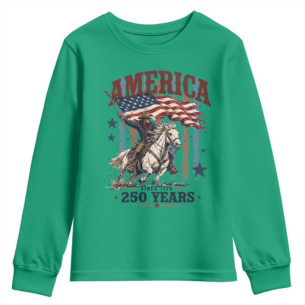250 Years Since 1776 Cowboy on Horseback Youth Sweatshirt Vintage Patriotic Western Style American Flag Semiquincentennial