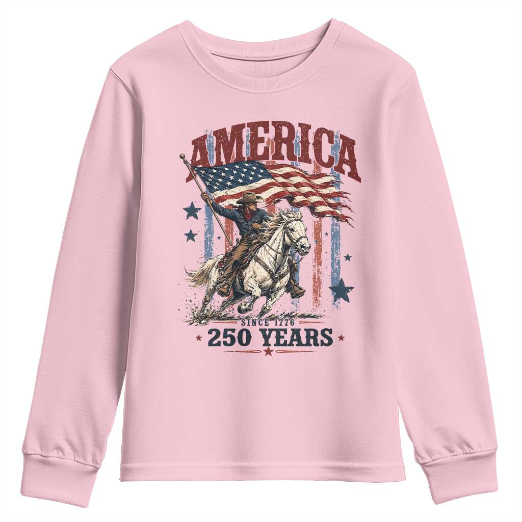 250 Years Since 1776 Cowboy on Horseback Youth Sweatshirt Vintage Patriotic Western Style American Flag Semiquincentennial