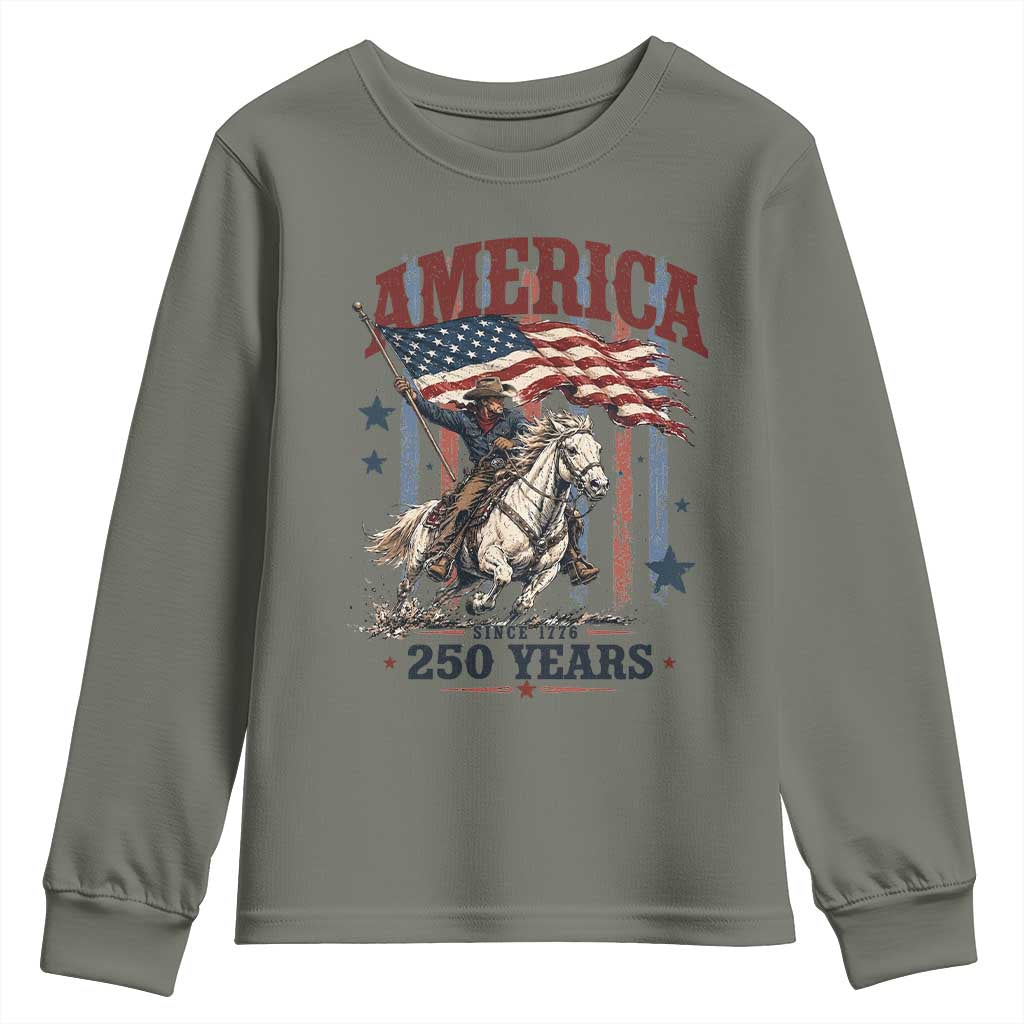 250 Years Since 1776 Cowboy on Horseback Youth Sweatshirt Vintage Patriotic Western Style American Flag Semiquincentennial