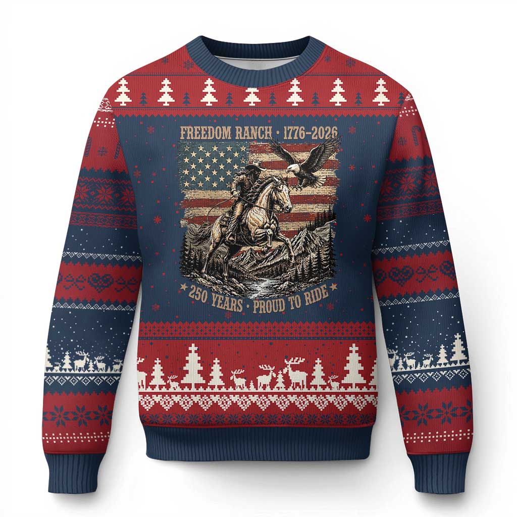 Vintage Cowboy and Soaring Eagle Freedom Ranch 1776 to 2026 Ugly Christmas Sweater Proud to Ride American Flag 250th Anniversary