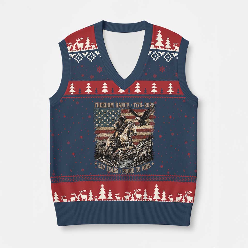 Vintage Cowboy and Soaring Eagle Freedom Ranch 1776 to 2026 V-Neck Knit Sweater Vest Proud to Ride American Flag 250th Anniversary