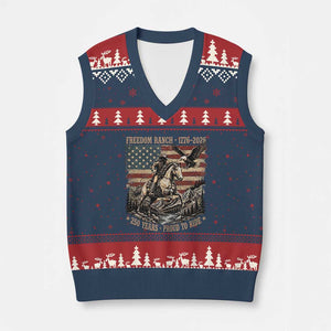 Vintage Cowboy and Soaring Eagle Freedom Ranch 1776 to 2026 V-Neck Knit Sweater Vest Proud to Ride American Flag 250th Anniversary