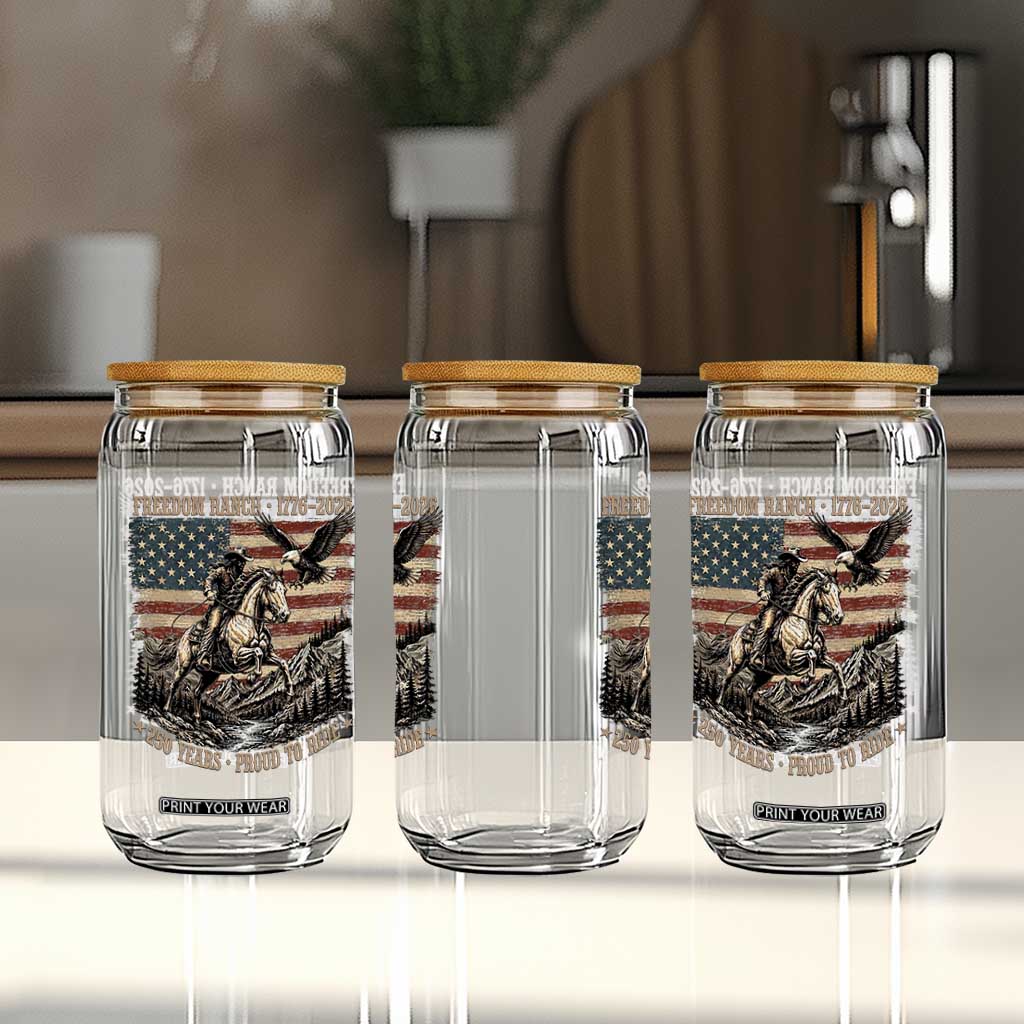 Vintage Cowboy and Soaring Eagle Freedom Ranch 1776 to 2026 Glass Can Proud to Ride American Flag 250th Anniversary