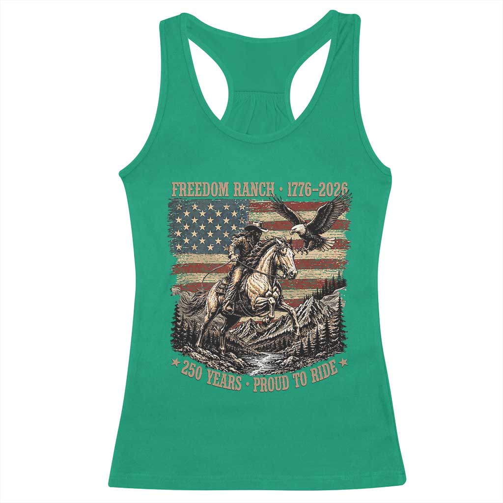 Vintage Cowboy and Soaring Eagle Freedom Ranch 1776 to 2026 Racerback Tank Top Proud to Ride American Flag 250th Anniversary