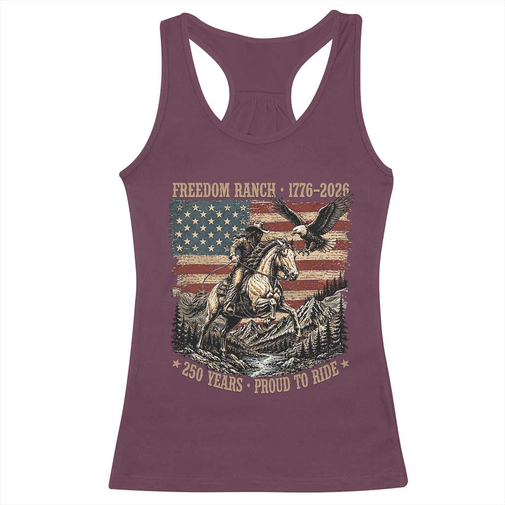 Vintage Cowboy and Soaring Eagle Freedom Ranch 1776 to 2026 Racerback Tank Top Proud to Ride American Flag 250th Anniversary