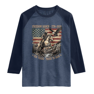 Vintage Cowboy and Soaring Eagle Freedom Ranch 1776 to 2026 Raglan Shirt Proud to Ride American Flag 250th Anniversary