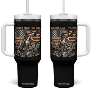Vintage Cowboy and Soaring Eagle Freedom Ranch 1776 to 2026 Tumbler With Handle Proud to Ride American Flag 250th Anniversary